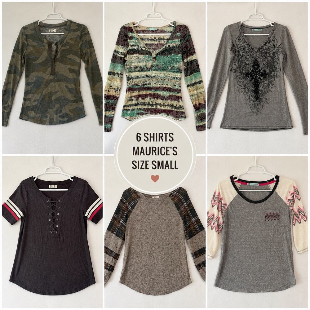 Maurices Shirts Womens Size Small Y2K 6 Top Bundle Boho Camo Henley Lace Up